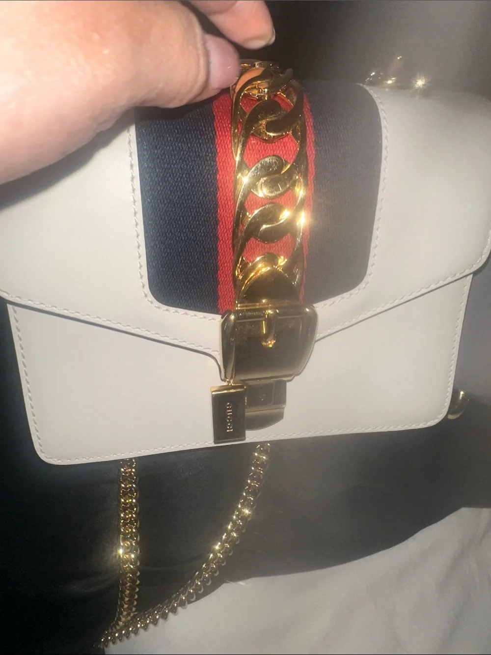 Gucci White and red blue Leather Chain Crossbody with Gold Hardware
